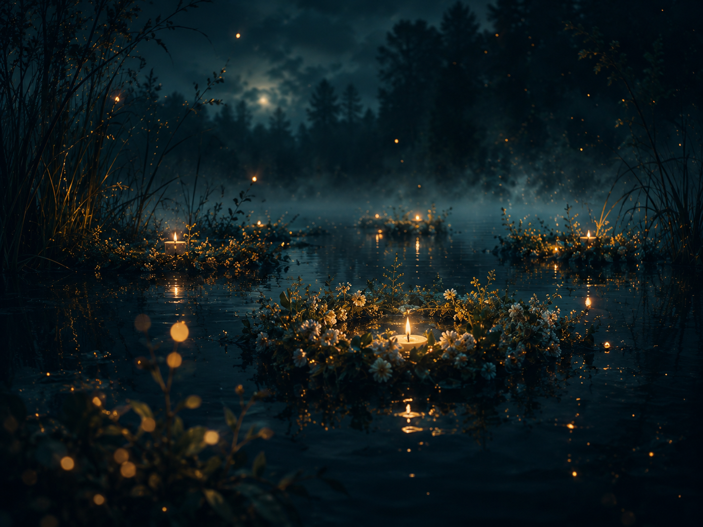 Nocne jezioro z wiankami i światłem – klimat musicalu Córki Gopła